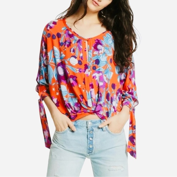 FREE PEOPLE Orange Keepin On Floral Stretch Jersey Slouchy Top SP - Picture 1 of 14